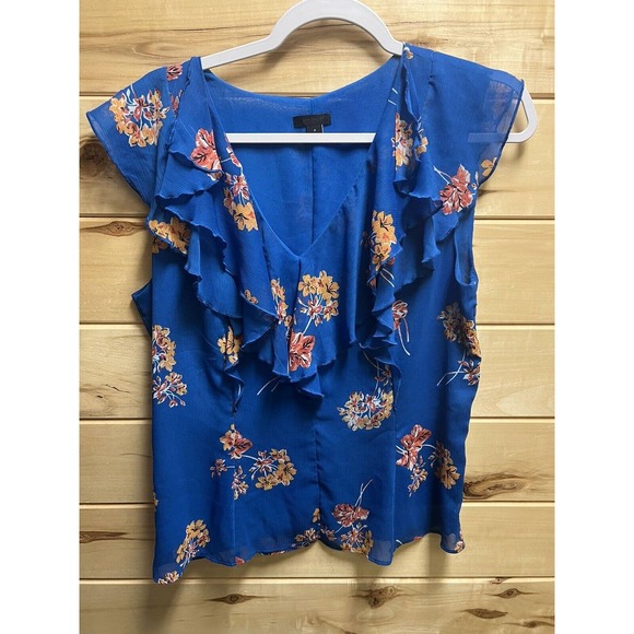 Ann Taylor Tops - Ann Taylor Womens Sleeveless Blue Floral V-Neck Ruffle Top Side Zipper, Size 8